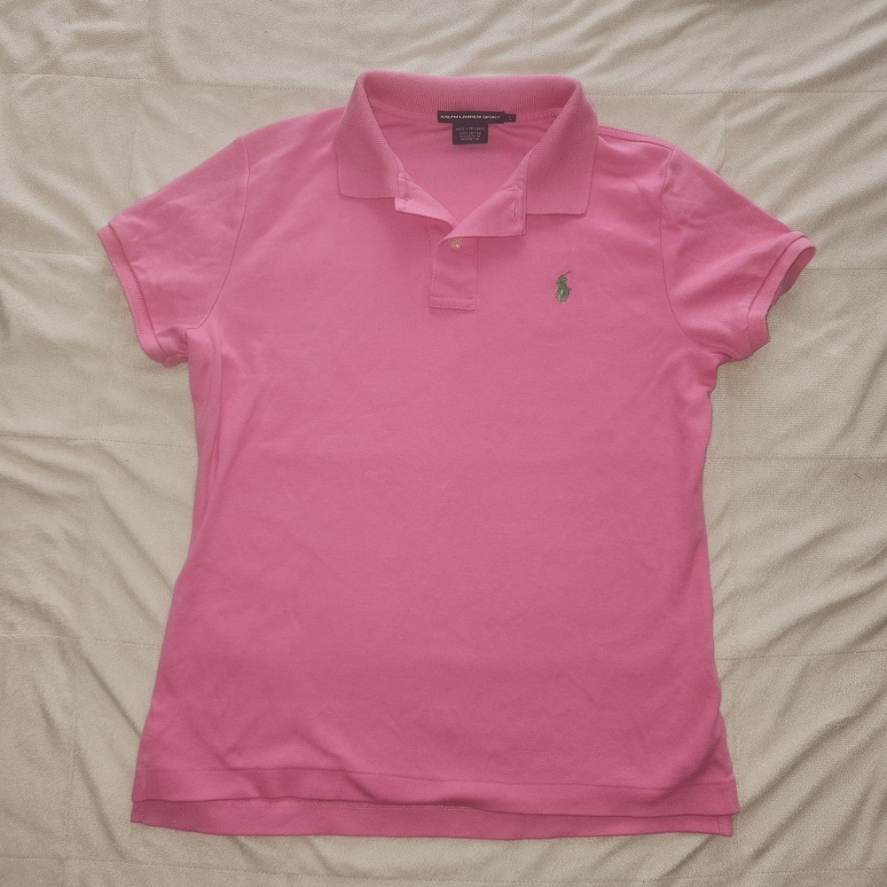 Ralph Lauren Sport Womens Polo Short Sleeve Shirt Pink  Large Green logo Cotton
